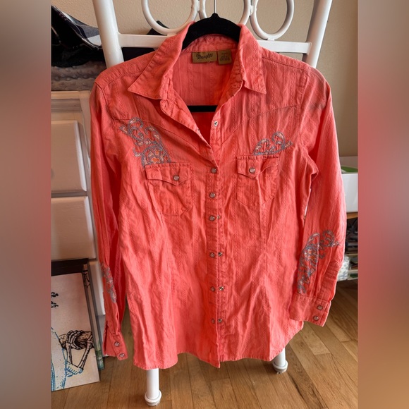Wrangler Tops - Wrangler Coral Button Down Shirt with Embroidery